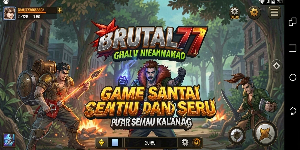 Tampilan utama gameplay BRUTAL77 yang menarik dan penuh warna.