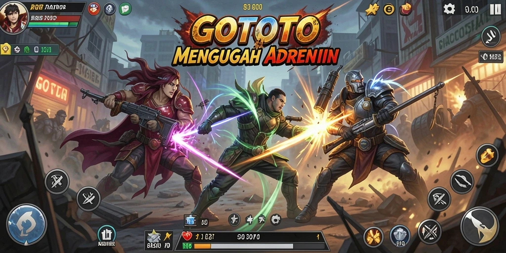 Screenshot utama GOTOTO menampilkan aksi pertarungan yang seru dan dinamis.