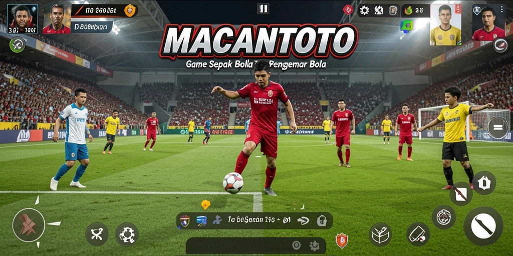 Tampilan gameplay <strong>MACANTOTO</strong> dengan aksi sepak bola yang mendebarkan.